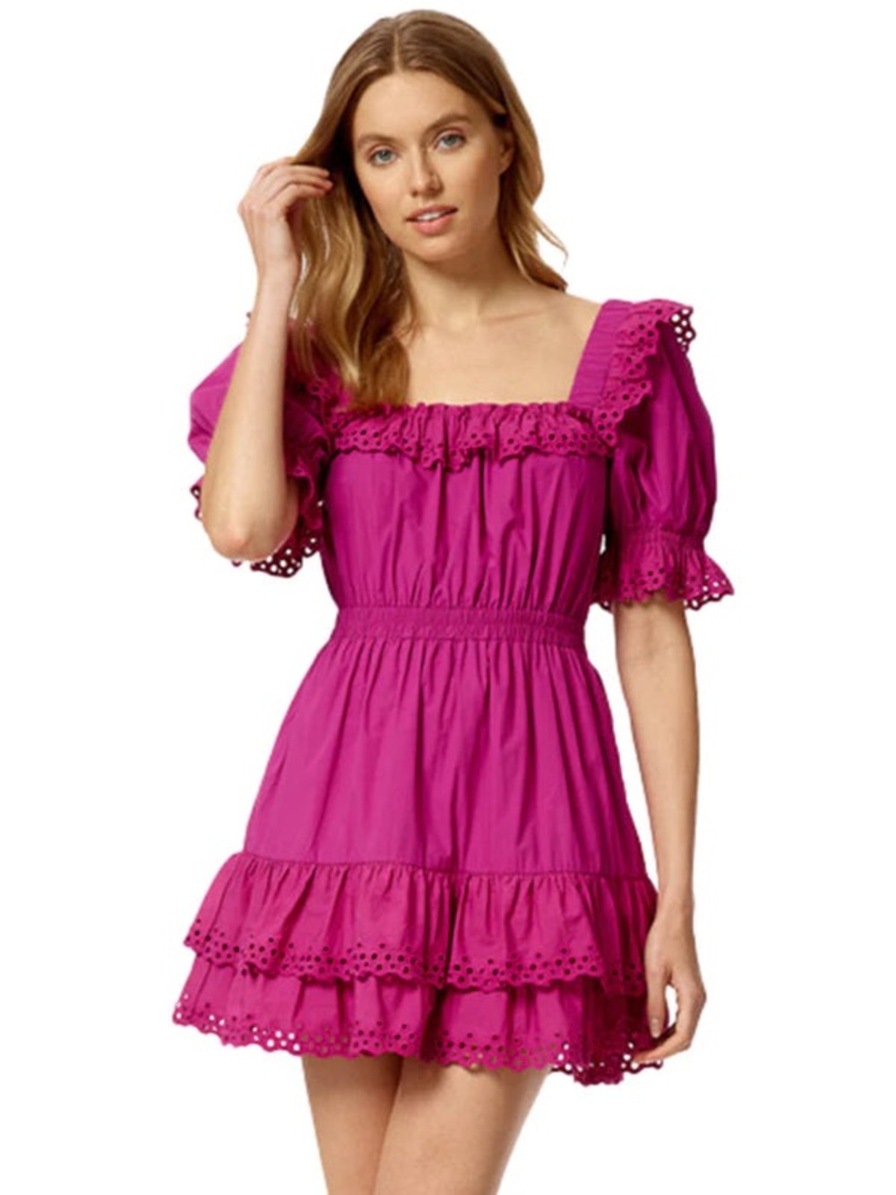 STELLAH EYELET TRIMMED PUFF SLEEVE MINI DRESS